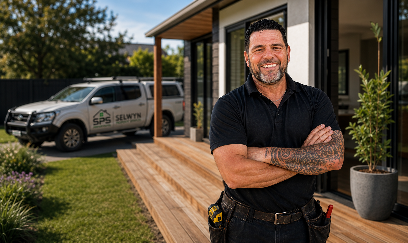 Ewen — owner of Selwyn Property Services, Licensed Building Practitioner, standing on a new timber deck