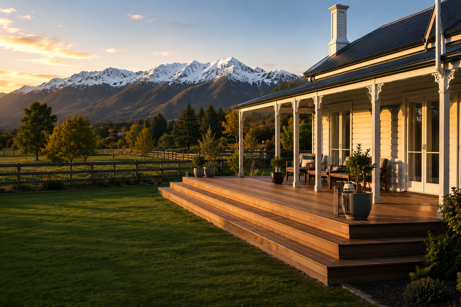 Canterbury homestead with a wide timber deck and snow-capped Southern Alps at golden hour